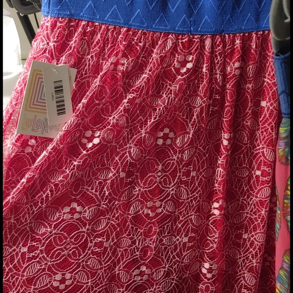 LuLaRoe Lola Skirt Large (Pink lace blue wasteband - Picture 1 of 2